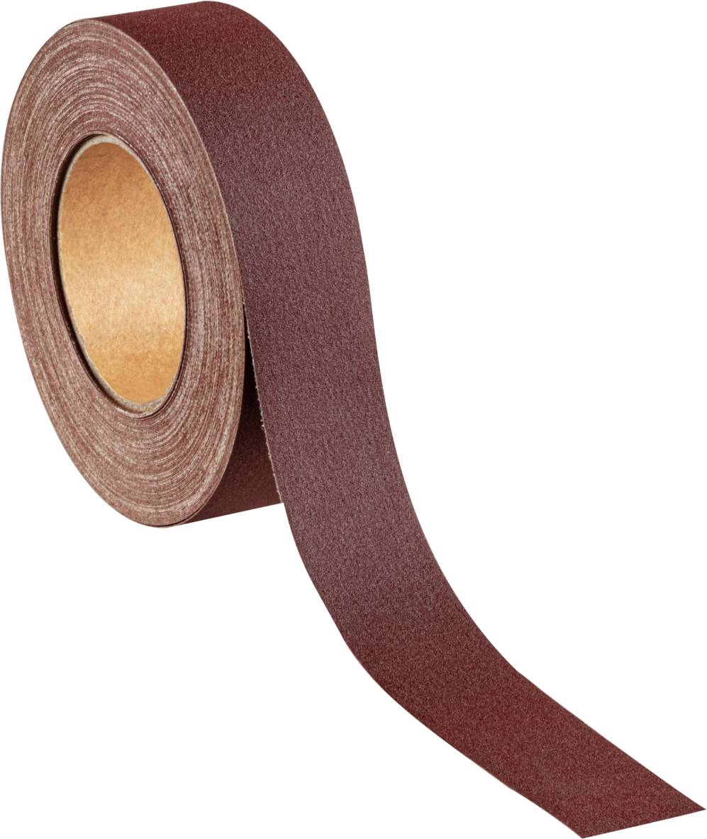 Eine Rolle grobkörniges, braunes Schleifpapierband, das teilweise abgerollt ist.