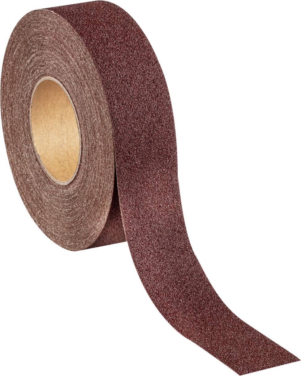 Eine Rolle Schleifpapier mit brauner, körniger Oberfläche, sichtbar von der Seite.