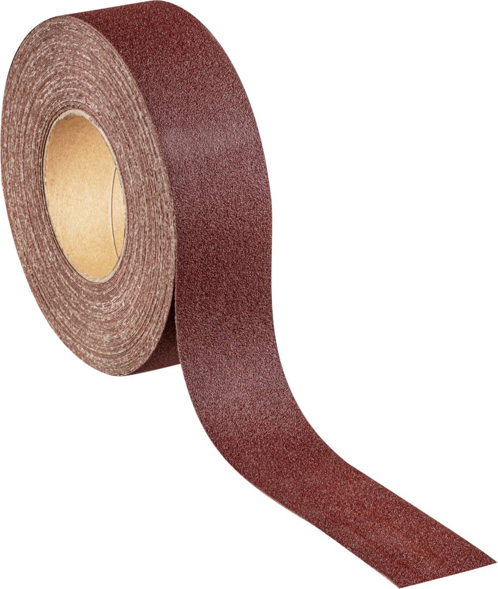 Ein aufgerolltes Schleifband aus flexibel wirkendem Schleifpapier mit brauner, sandpapierähnlicher Textur, bereit zur Nutzung.