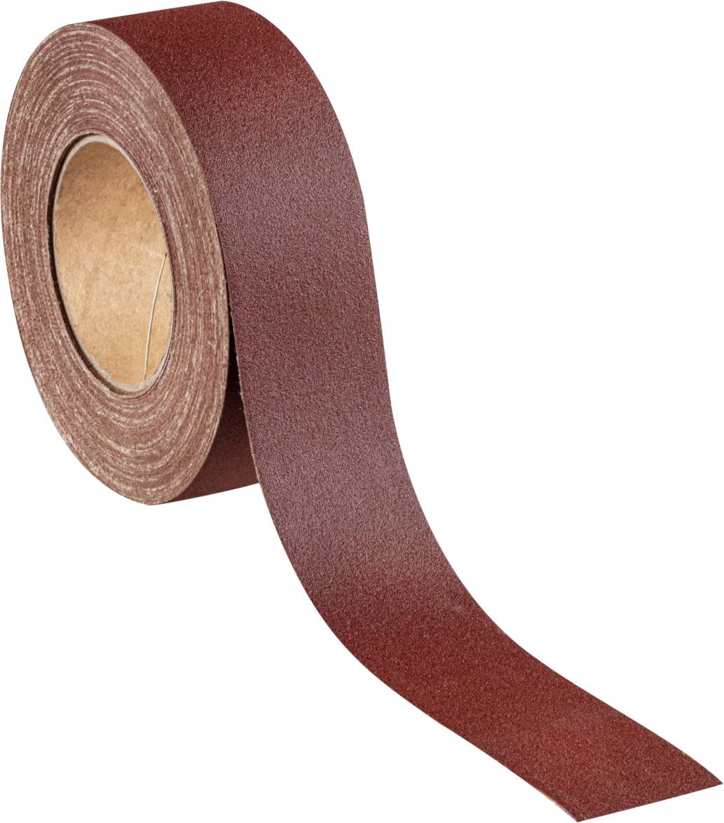 Ein langes, dunkelrotes Schleifpapierband, das sich von einer Rolle abspult, zeigt die grobe Textur für Schleifarbeiten.
