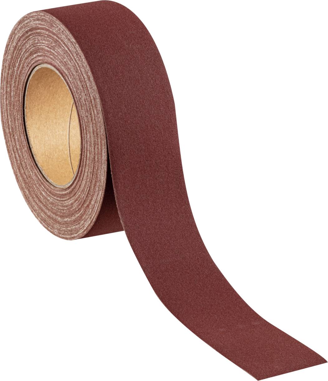 Ein braunes Schleifband aufgerollt auf einer Rolle, bereit zur Nutzung in handwerklichen oder industriellen Anwendungen.