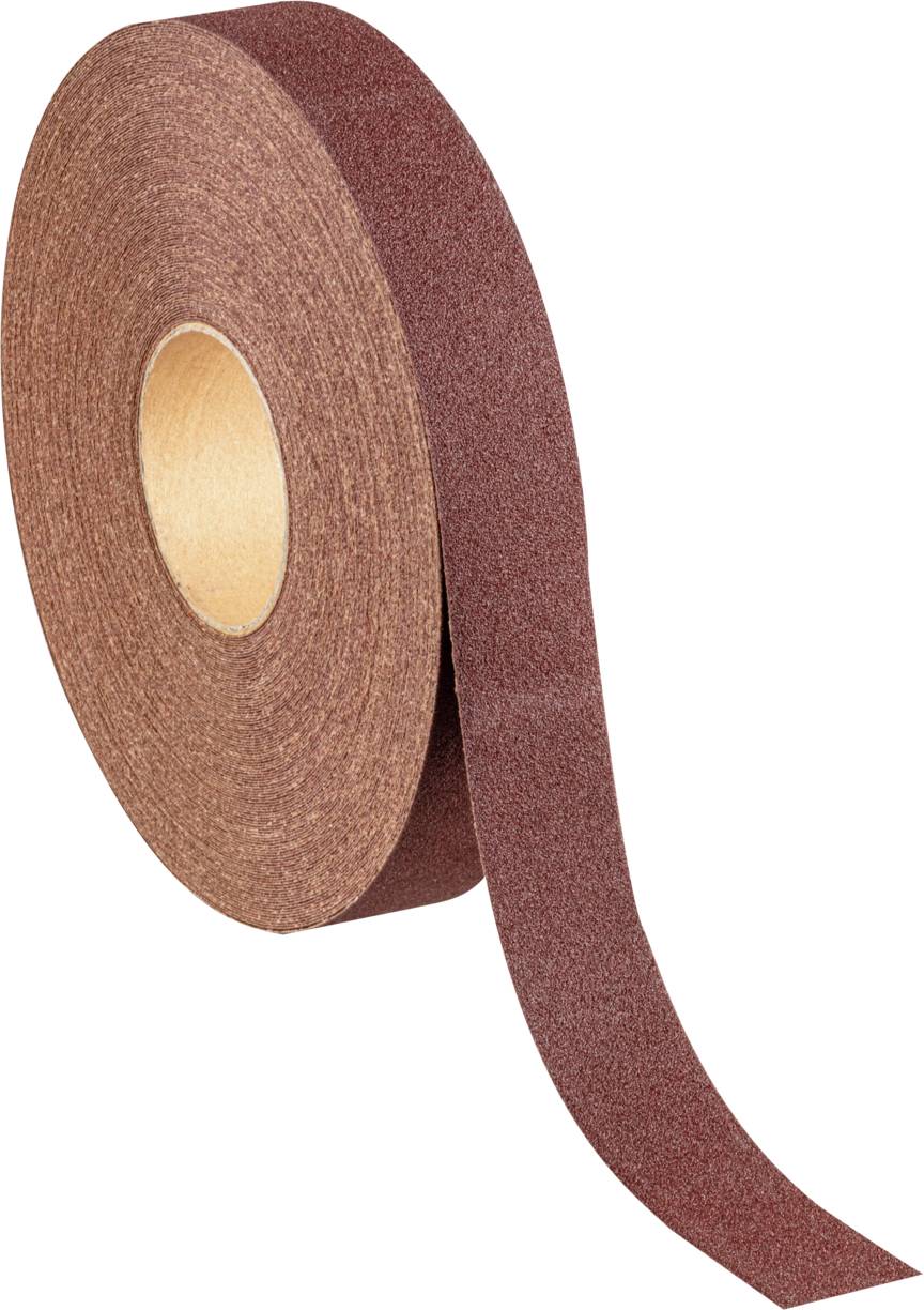 Eine Rolle Schleifpapierband, mit grober Körnung, ist teilweise abgerollt, gezeigt auf weißem Hintergrund.