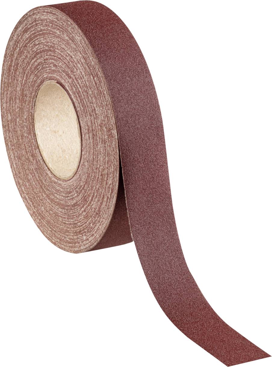 Eine Rolle grobes, braunes Schleifpapier mit einer entrollten Bahnlänge, die zur Verwendung bereit ist.