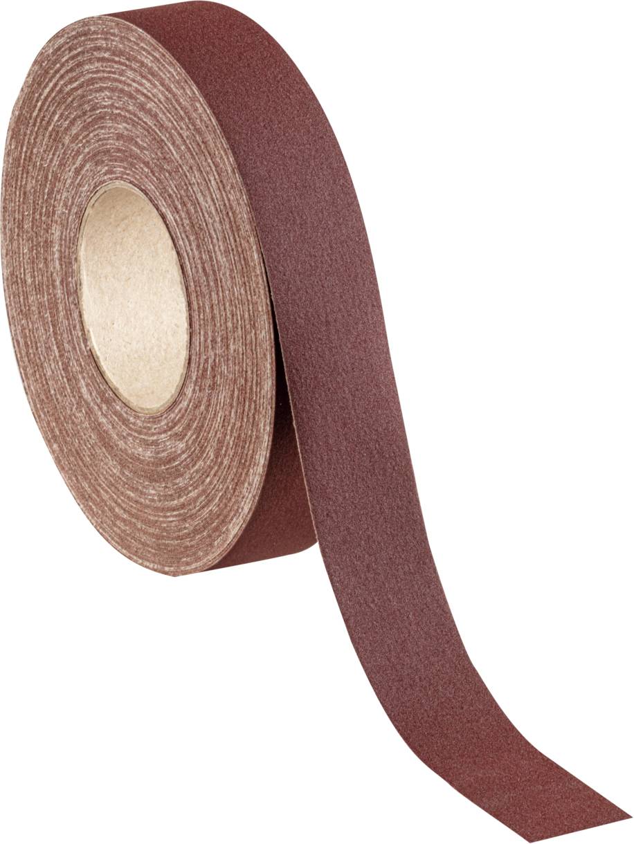Eine Rolle braunes Schleifpapierband, das an einer Seite abgewickelt ist.