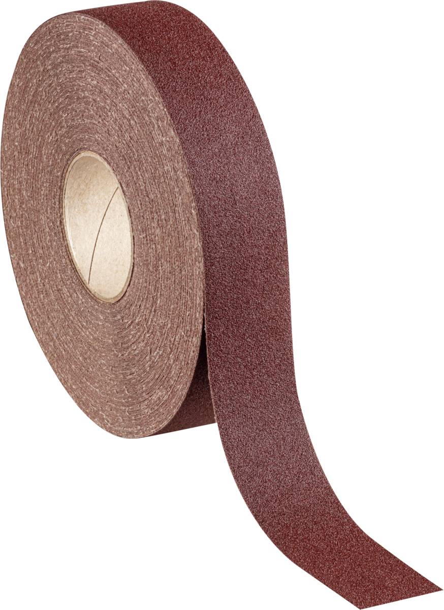Eine Rolle braunes Schleifpapier, teils abgerollt, aufgestellt und zur Seite hin gebogen, vor einem neutralen Hintergrund.