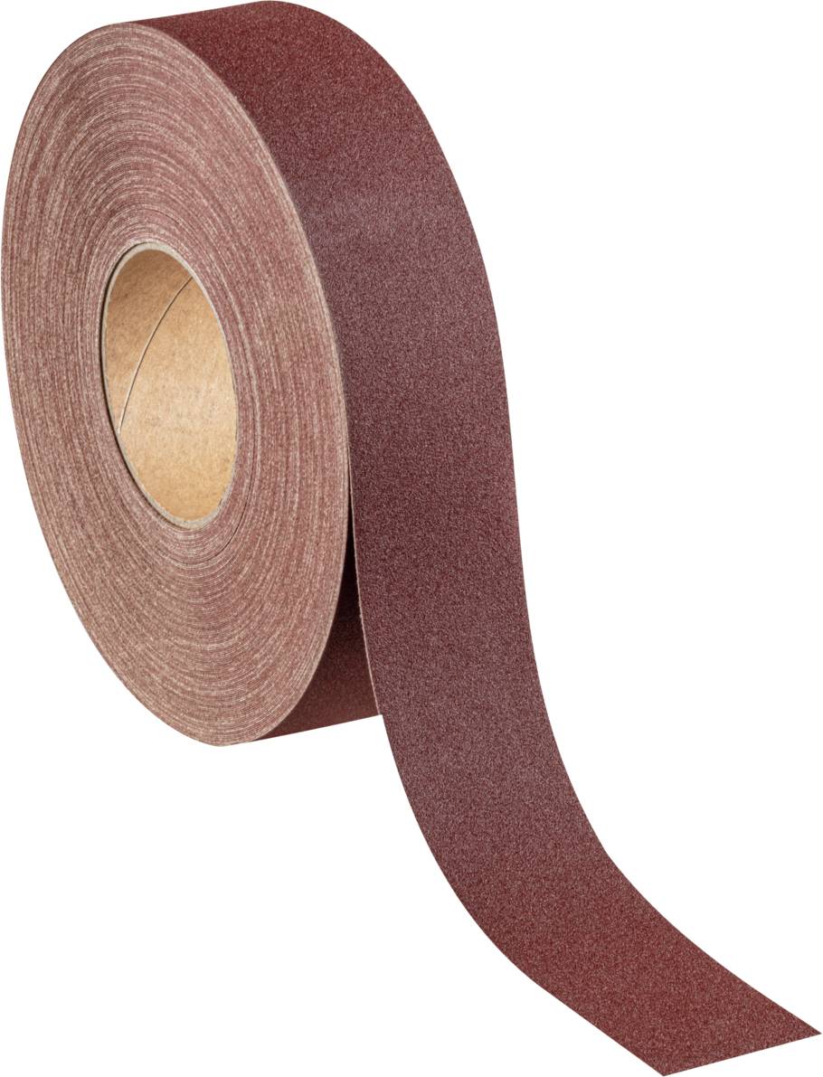 Eine Rolle Schleifpapierband, braun und grobkörnig, aufgerollt mit einem Ende abgewickelt.