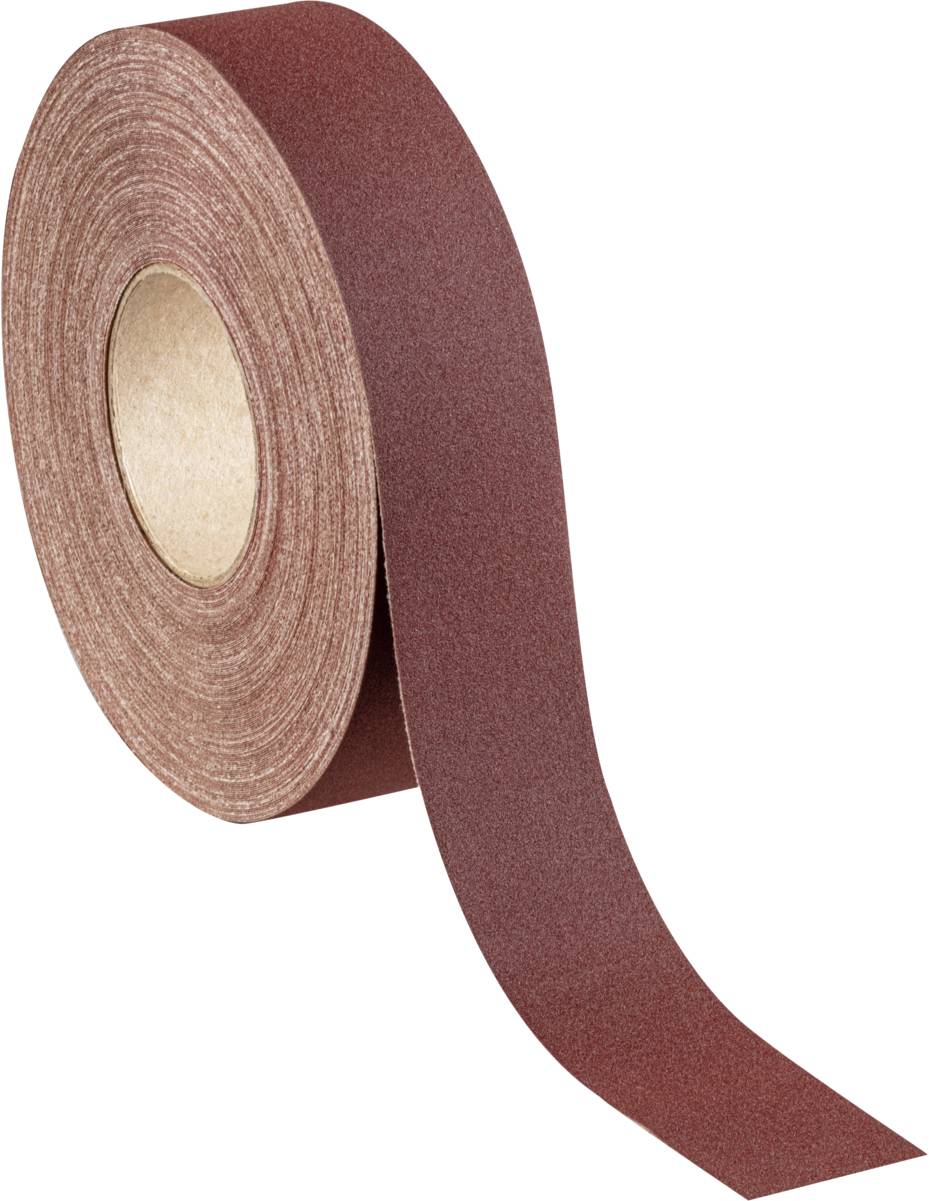 Eine Rolle Schleifpapier, braun, mit rauer Oberfläche, zeigt das Ende des Bandes, bereit zur Verwendung in handwerklichen Arbeiten.