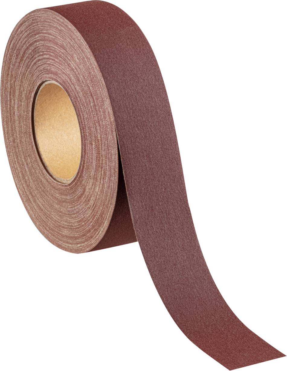 Eine Rolle rotbraunes Schleifpapier, die seitlich gerade abgerollt ist.