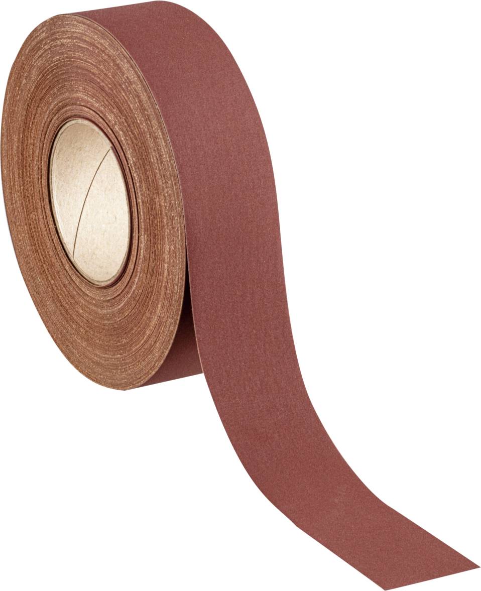 Eine Rolle Schleifpapier, bräunlich-rot, teilweise abgerollt.