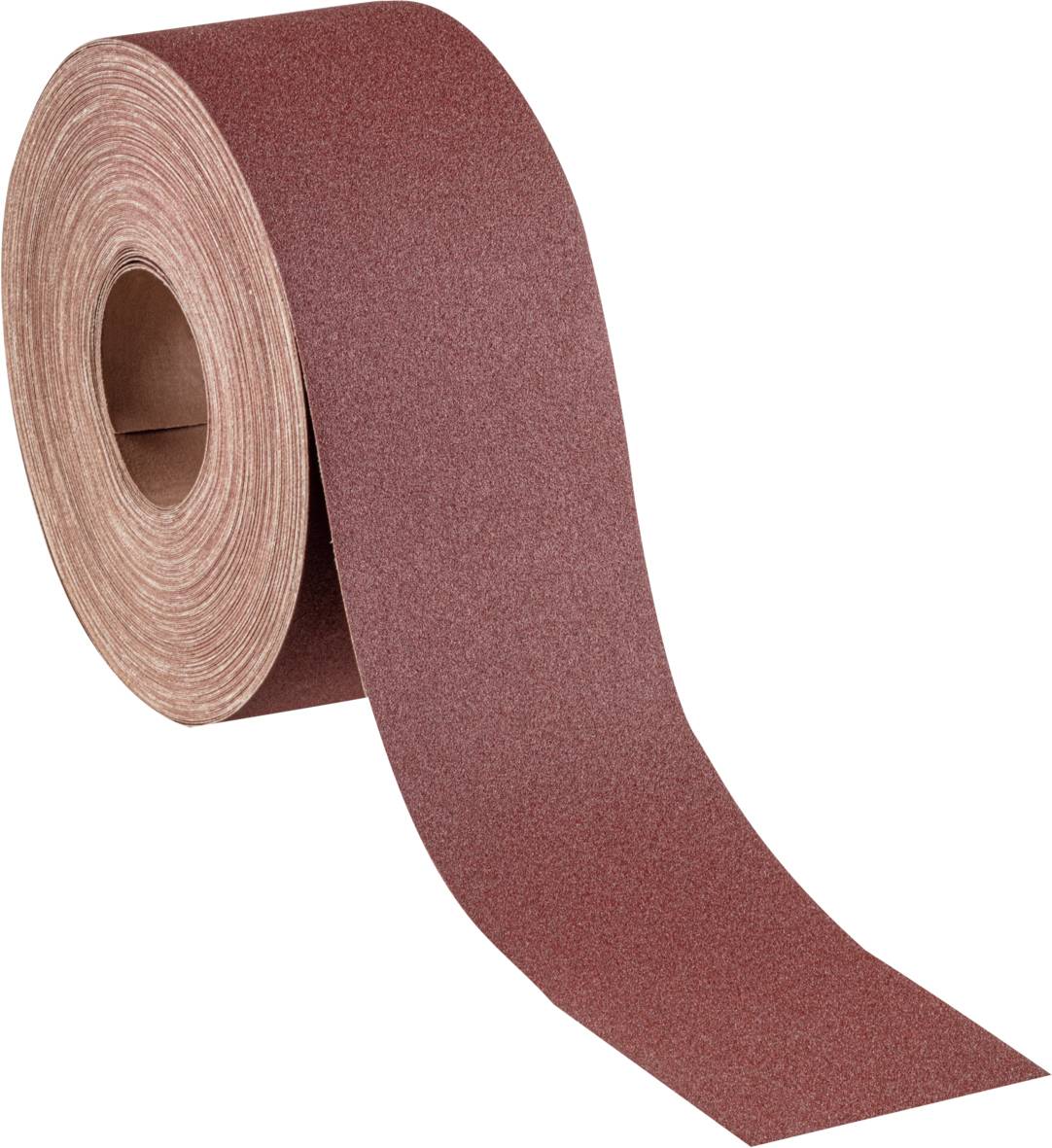 Eine große Rolle Schleifpapier in dunkelroter Farbe, teilweise abgerollt, liegt auf einem hellen Hintergrund.