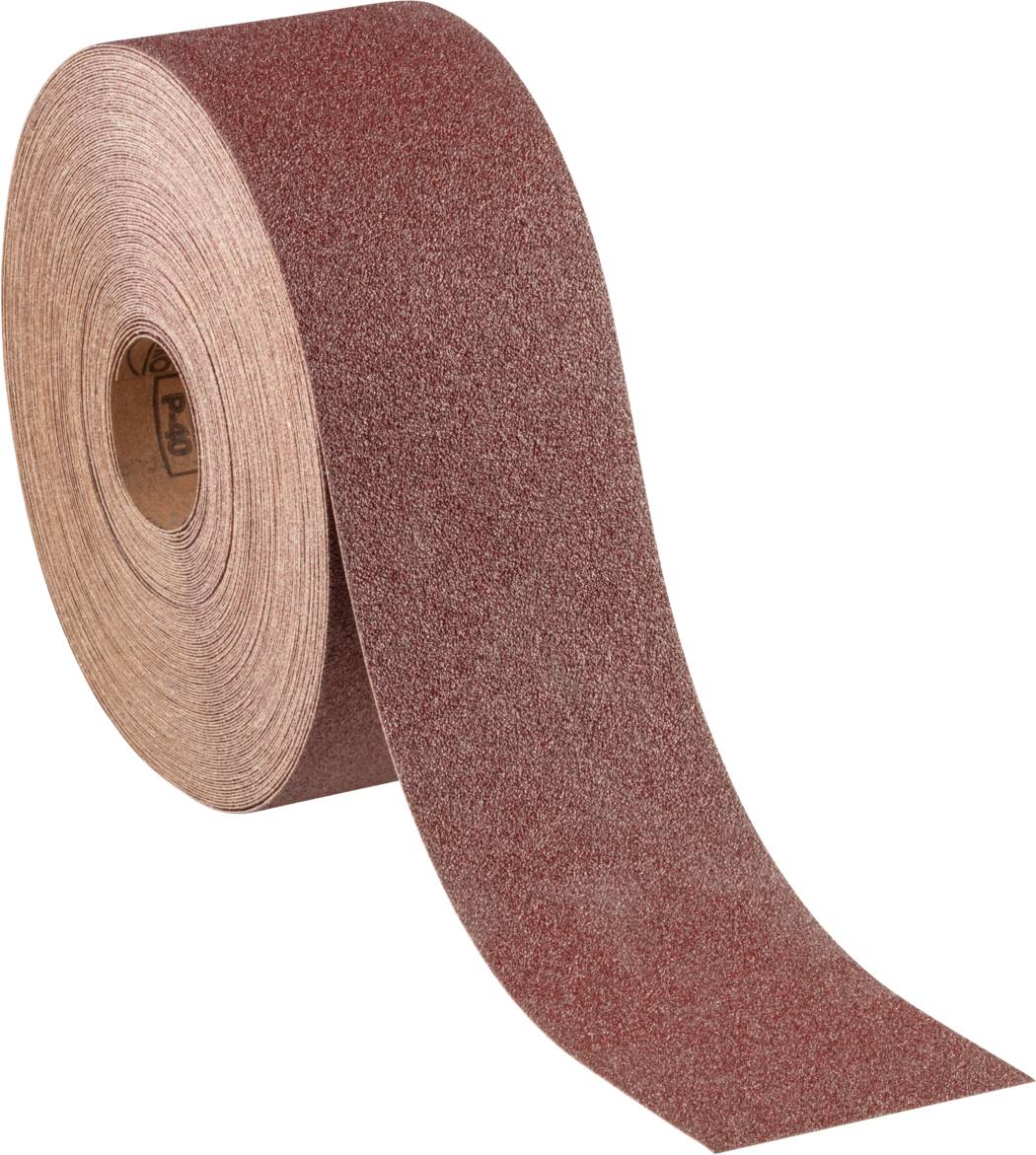 Eine Rolle braunes Schleifpapier, teilweise abgerollt. Sie wird in handwerklichen oder industriellen Anwendungen zum Schleifen verwendet.