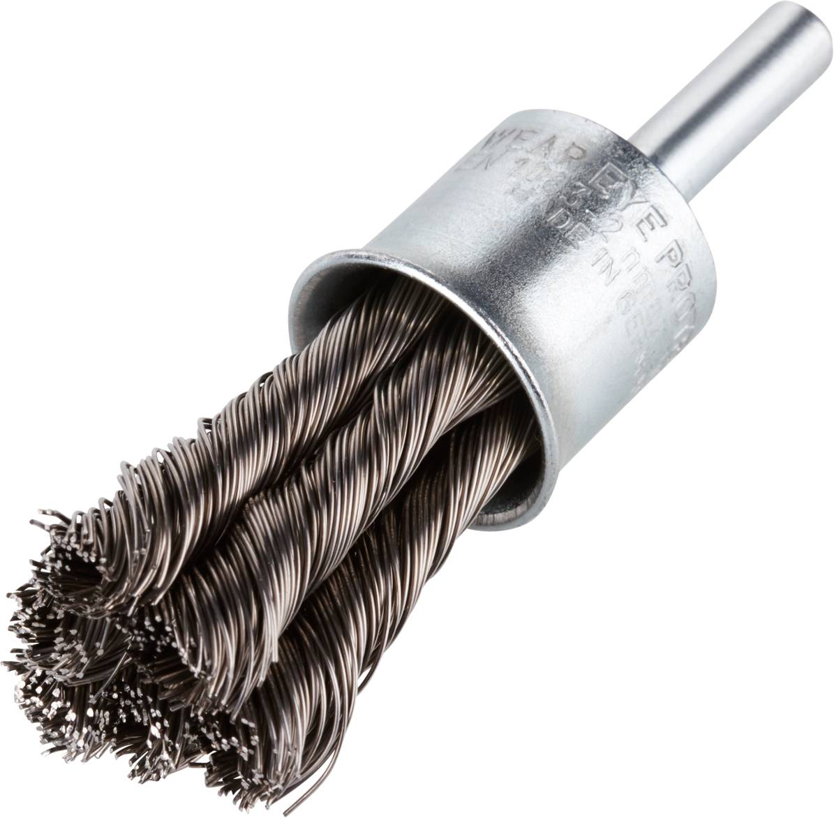 Drahtbürstenaufsatz mit gedrehten Stahlborsten und zylindrischem Schaft, verwendet zum Reinigen von Metalloberflächen.
