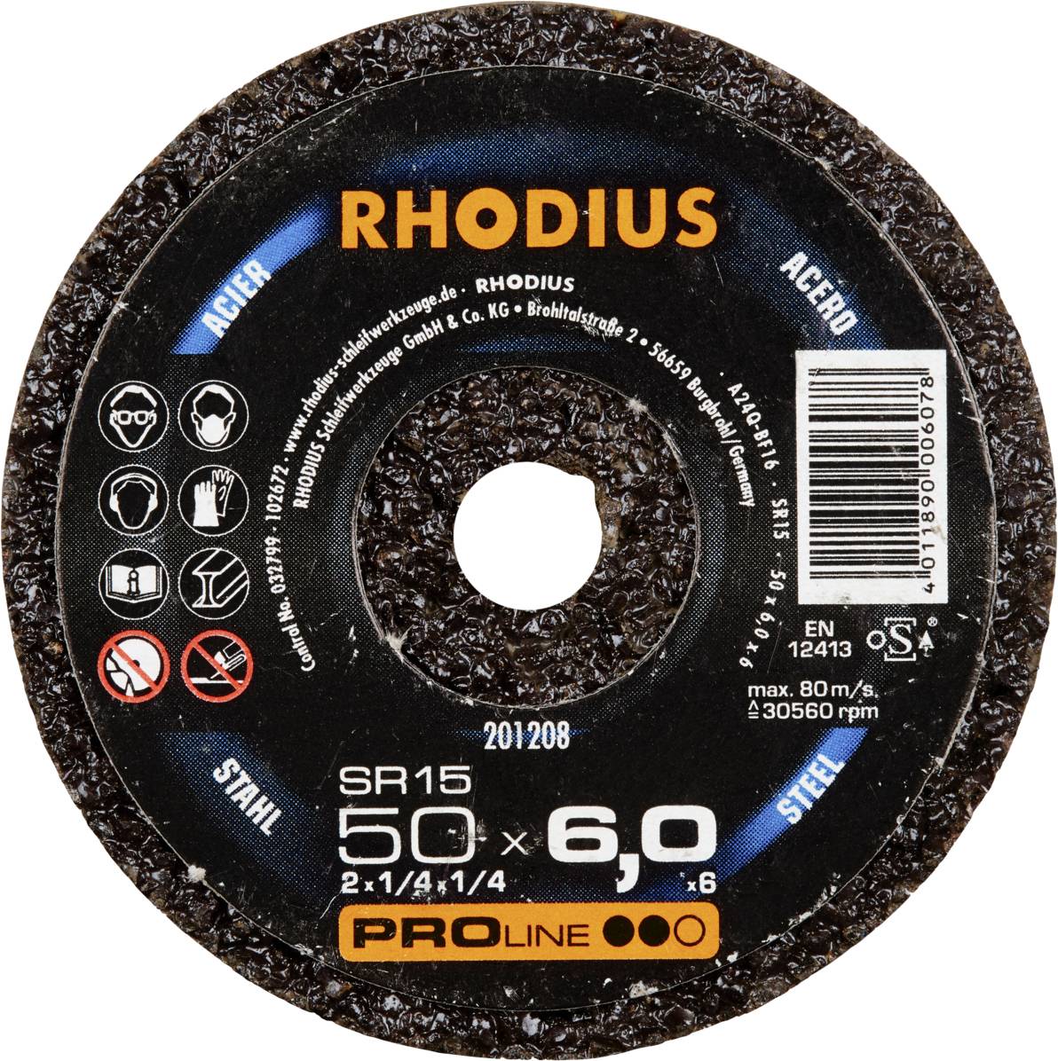 Schleifscheibe mit Aufschrift 'RHODIUS'. Spezifikationen: 50 x 6,0 mm, für Stahl und Edelstahl, max. 80 m/s. Hersteller: Proline.