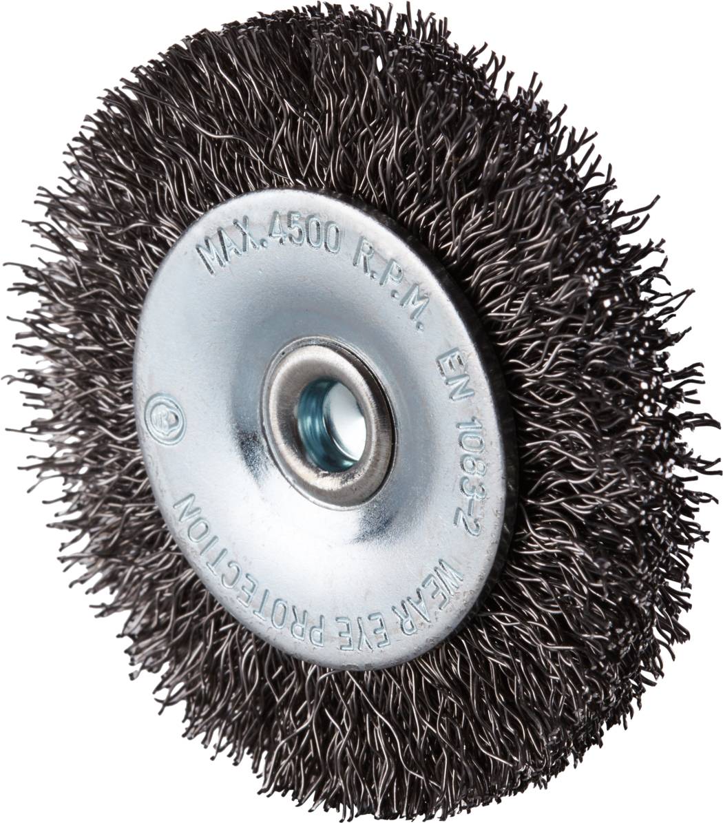 Runde Drahtbürste aus Metall mit silbernem Zentrum und dicht gepackten Borsten, geeignet für Reinigungs- oder Schleifarbeiten.