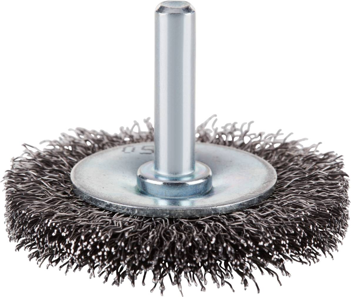 Metall-Drahtbürste mit zylindrischem Schaft für Bohrmaschinen, ideal zur Entfernung von Rost und Farbe auf Metalloberflächen.