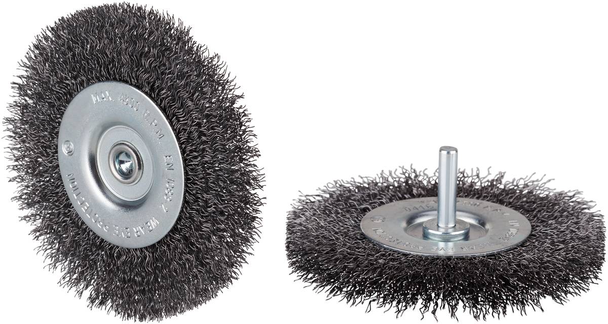 Zwei Drahtbürsten mit Metallbasis, eine mit kurzer Achse und eine flach liegend, zur Reinigung oder Oberflächenbearbeitung.