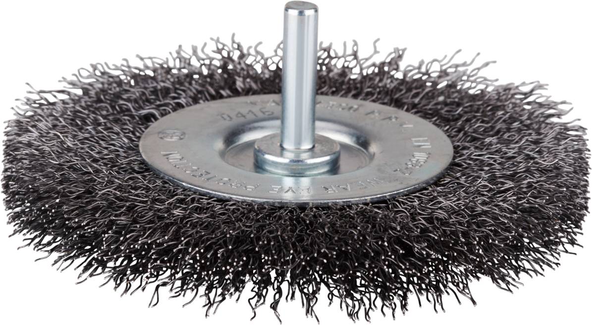Runde Drahtbürste mit Metallborsten und Stiftschaft, verwendet für Reinigungs- und Schleifarbeiten bei der Metallbearbeitung.