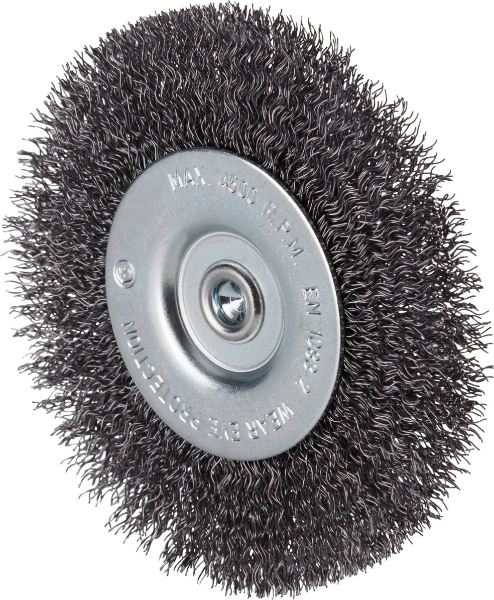 Eine runde Stahlbürste mit dicht gepackten Drahtborsten und einem Metallkern, ideal für Reinigungs- oder Schleifarbeiten.