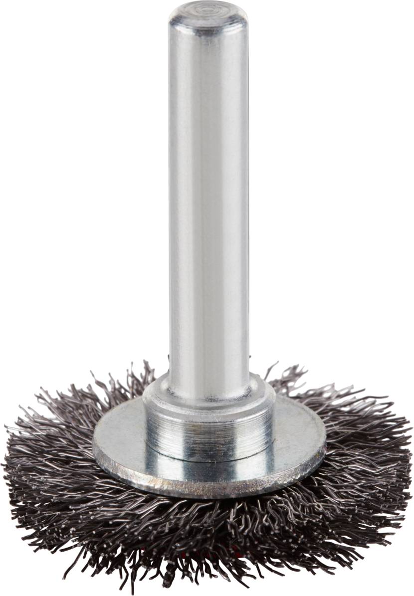 Eine runde Drahtbürste mit Metallstiel, geeignet für Reinigungsarbeiten und zur Entfernung von Rost oder Farbe auf harten Oberflächen.