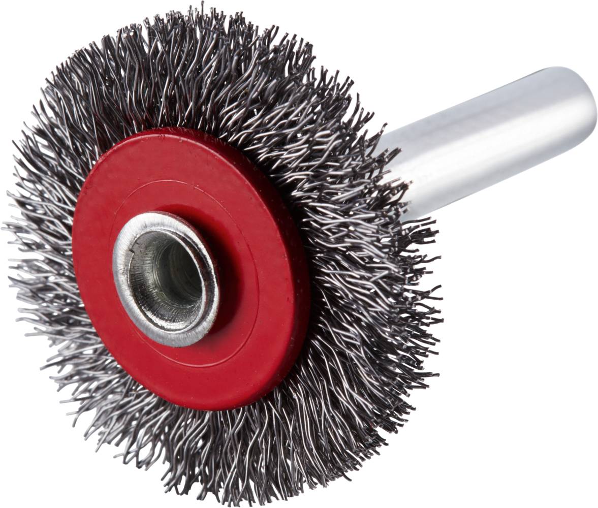 Eine runde Drahtbürste mit roten Mittelpunkt und silbernem Griff zur Metallreinigung oder -politur.
