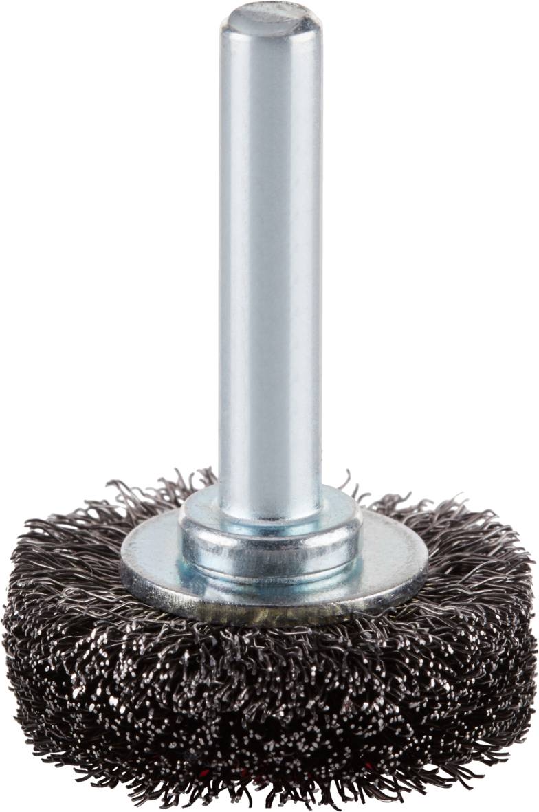 Drahtbürstenaufsatz mit Metallborsten und zylindrischem Schaft, geeignet für Bohrmaschinen zur Oberflächenreinigung und Rostentfernung.