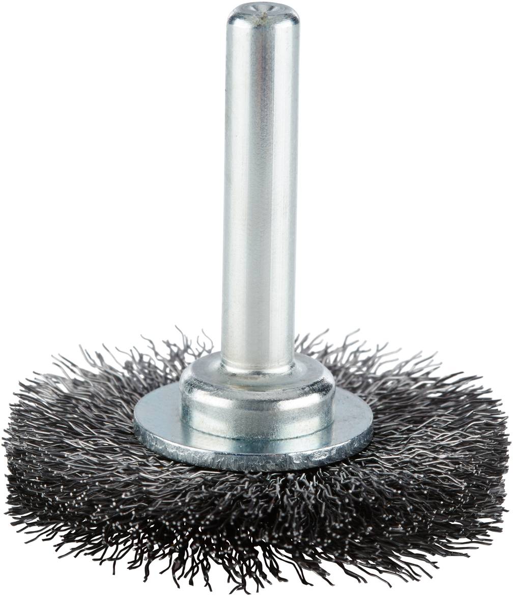 Drahtbürstenaufsatz mit dichten Borsten, geeignet für Bohrmaschinen zur Entfernung von Rost oder Farbe auf Metalloberflächen.