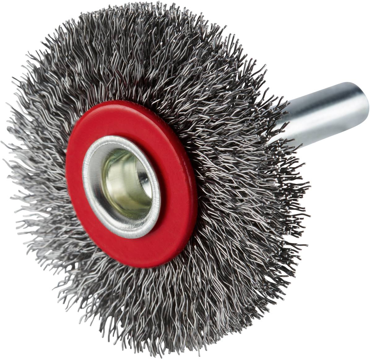 Metall-Drahtbürste mit rotem Kunststoffkern und silbernem Schaft, seitliche Ansicht. Hauptsächlich zur Reinigung und Entrostung verwendet.