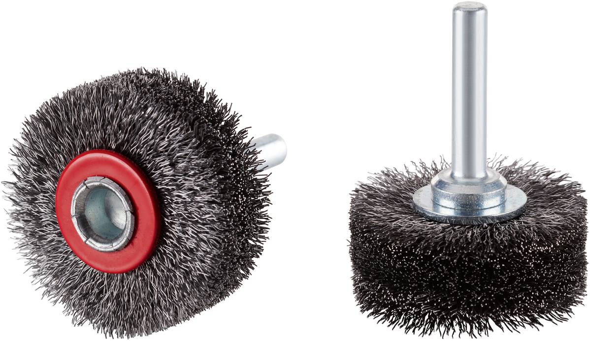 Zwei Drahtbürsten mit Metallstiel, eine mit rotem Rand, für Reinigung und Entgraten von Oberflächen.