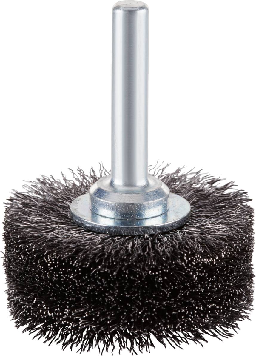 Drahtbürstenaufsatz mit Metallgriff, Borsten senkrecht zur Achse. Verwendung für Reinigung oder Schleifen von Oberflächen.