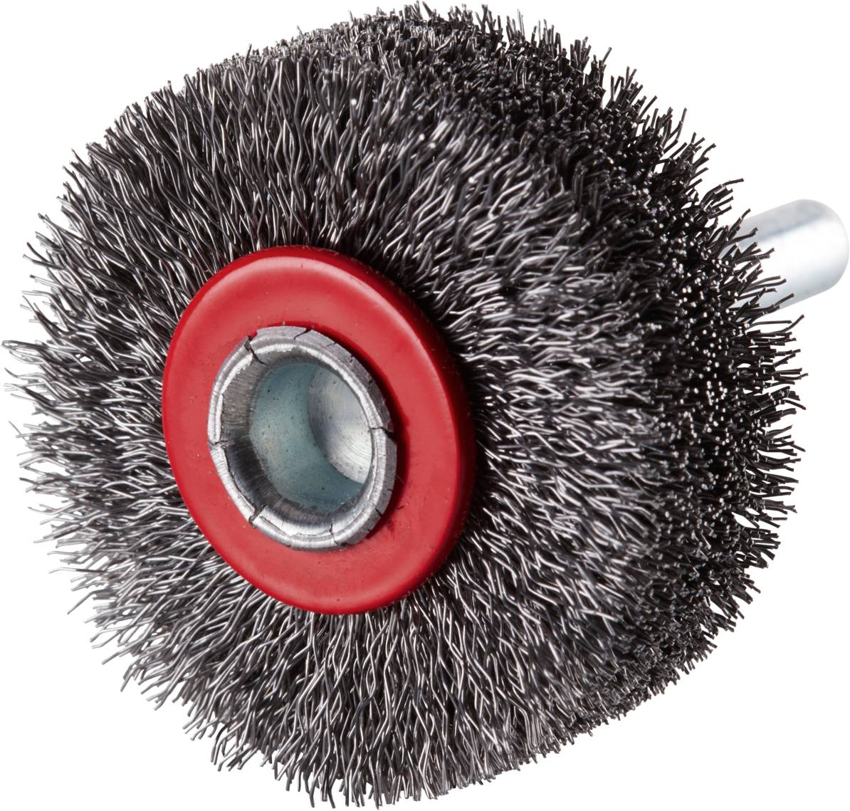 Drahtbürste mit roter Mitte und Metallborsten, montiert auf einem Stift, für Oberflächenreinigung oder -bearbeitung.