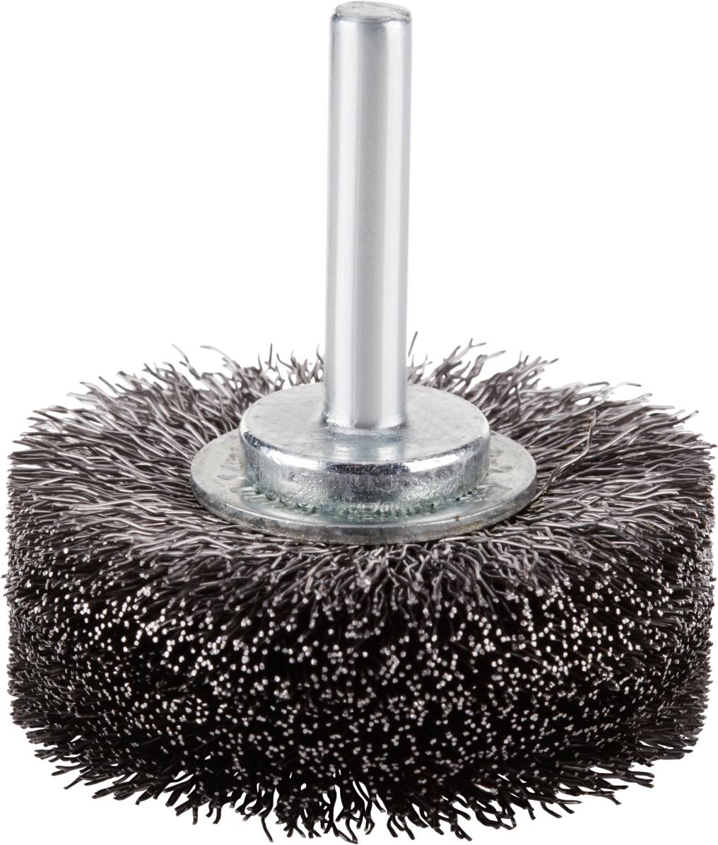 Drahtbürste mit einem runden Kopf und einem kurzen Stiel, verwendet für Reinigung oder Oberflächenbearbeitung.