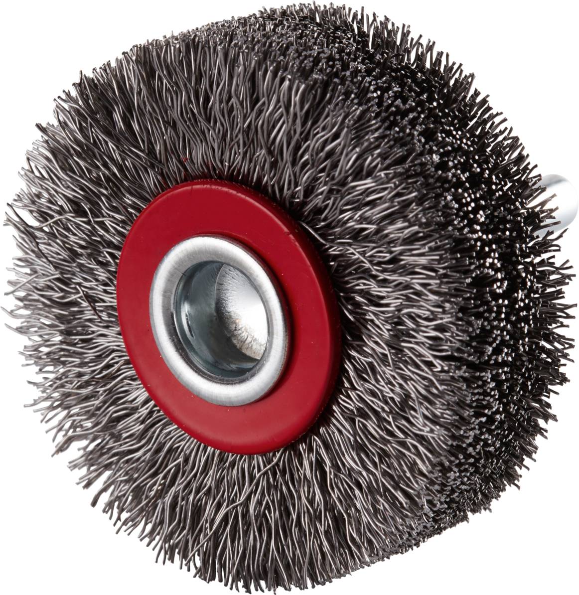 Bürstenaufsatz für Bohrmaschine mit rotem Zentrum und stahlgrauen Borsten, geeignet zur Reinigung oder Oberflächenbearbeitung.