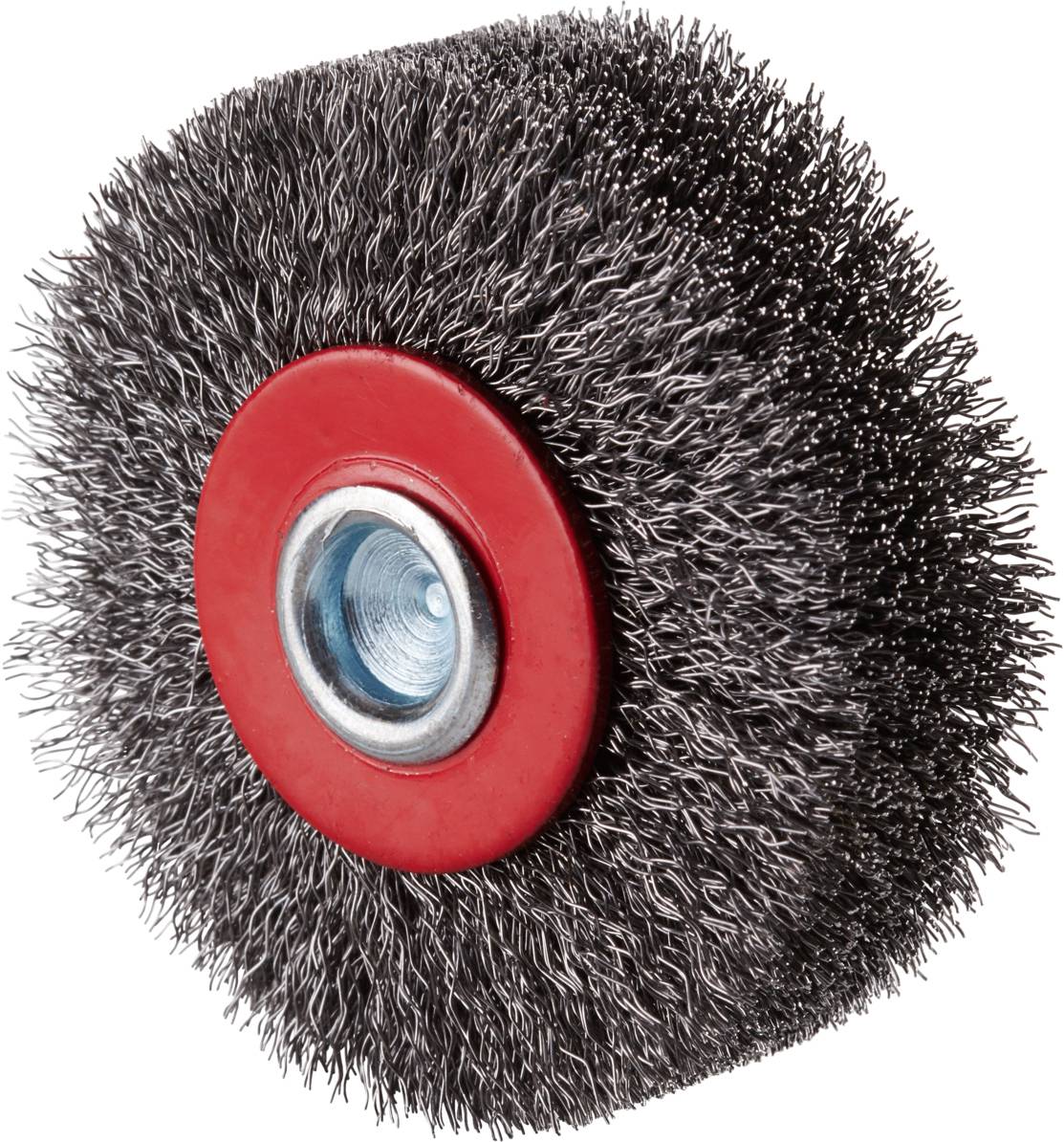 Eine runde Drahtbürste mit rotem Zentrum, verwendet zum Reinigen von Metalloberflächen.