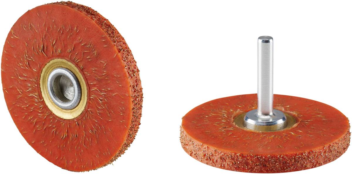 Zwei rote Schleifräder mit borstiger Oberfläche und Metallzapfen, aus unterschiedlichen Perspektiven abgebildet.