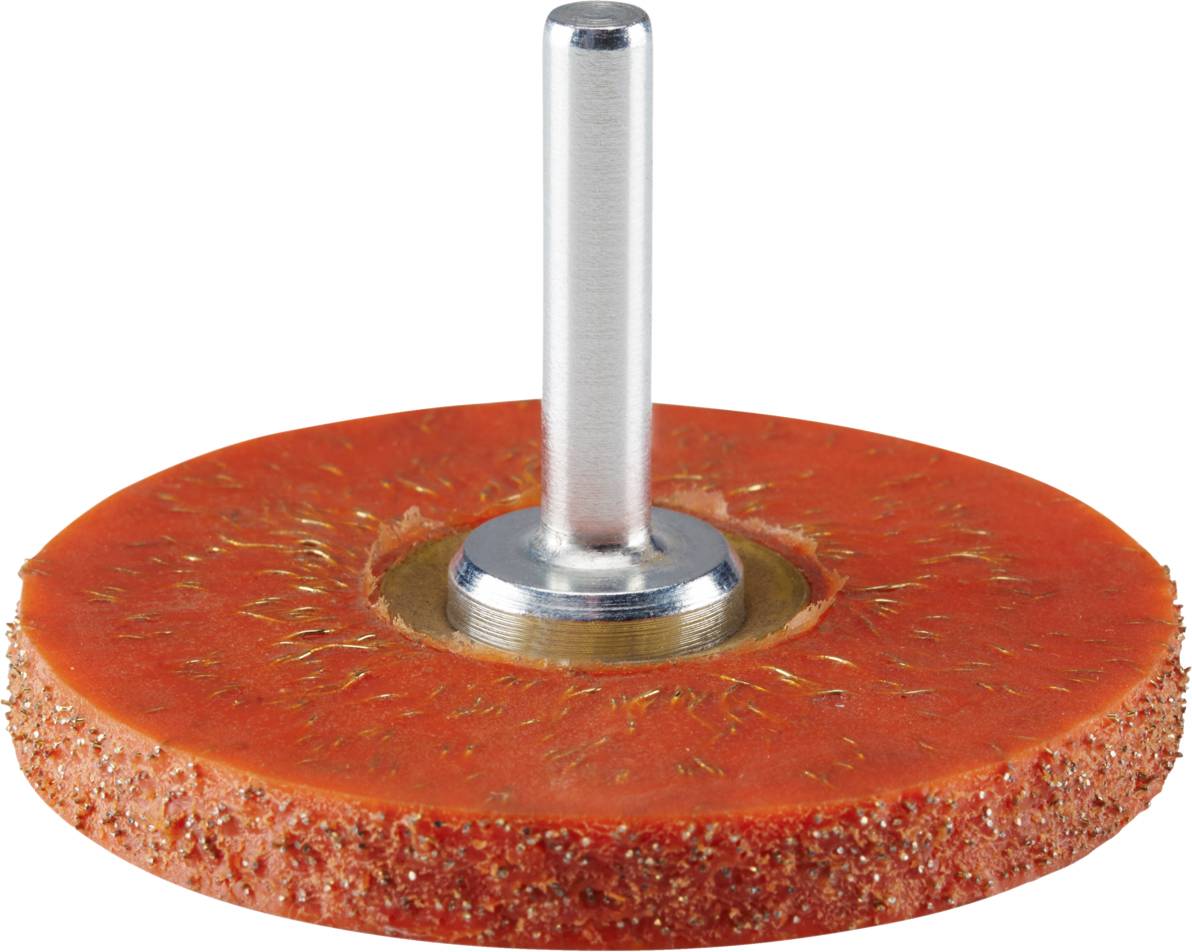 Ein Schleifaufsatz mit roter körniger Oberfläche und Metallstift in der Mitte, verwendet für handwerkliche oder industrielle Schleifarbeiten.