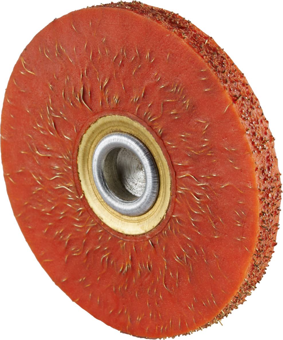 Runde Schleifscheibe mit rotem Schleifpapier und Metallkern, verwendet zum Polieren oder Schleifen von Oberflächen.