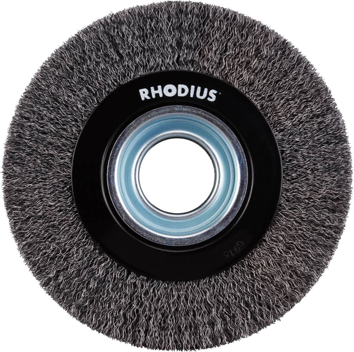 Drahtbürstenscheibe von Rhodius, Frontansicht. Ideal zum Entfernen von Rost und Farbe auf Metalloberflächen.