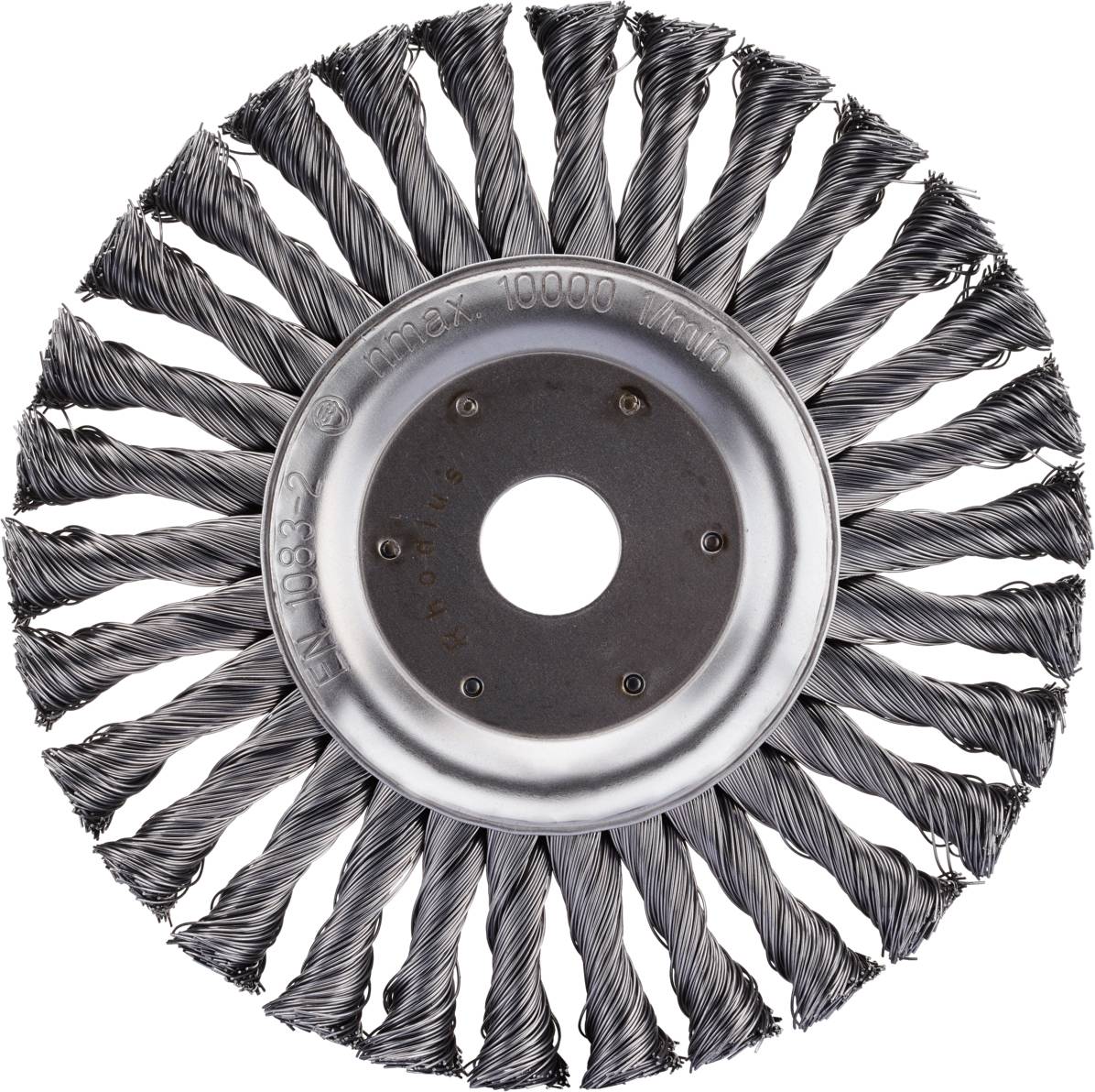 Eine runde Drahtbürste mit geflochtenen Borsten und Metallplatte, geeignet für Schleif- oder Reinigungsarbeiten, auf weißem Hintergrund.