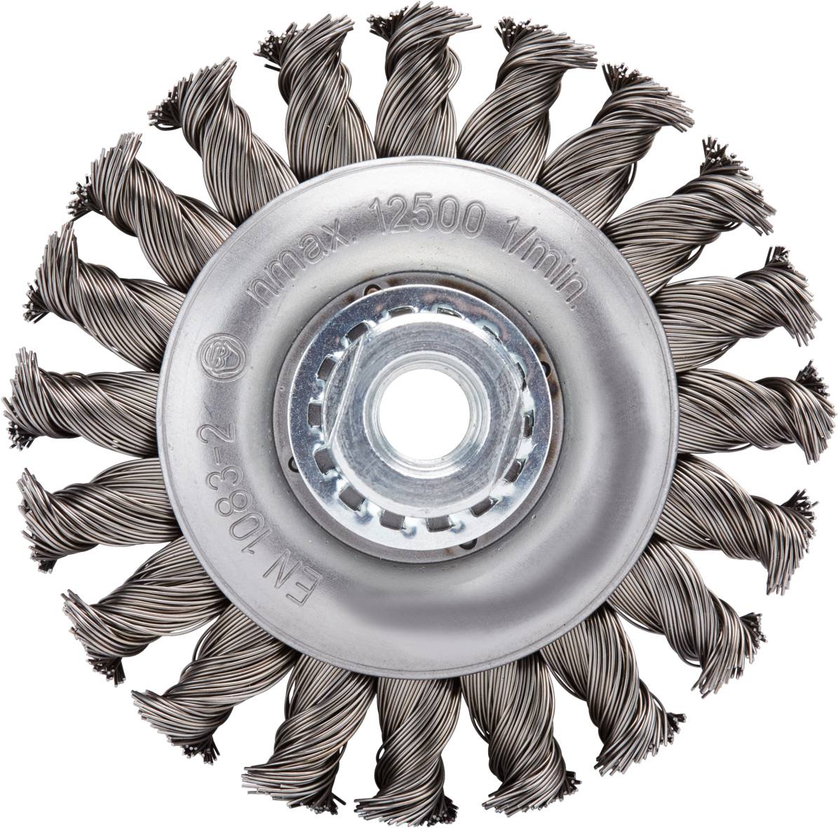 Runde Drahtbürste mit verdrilltem Draht und einer zentralen Öffnung. Geeignet für Schleifmaschinen; zur Entfernung von Rost und Lack.