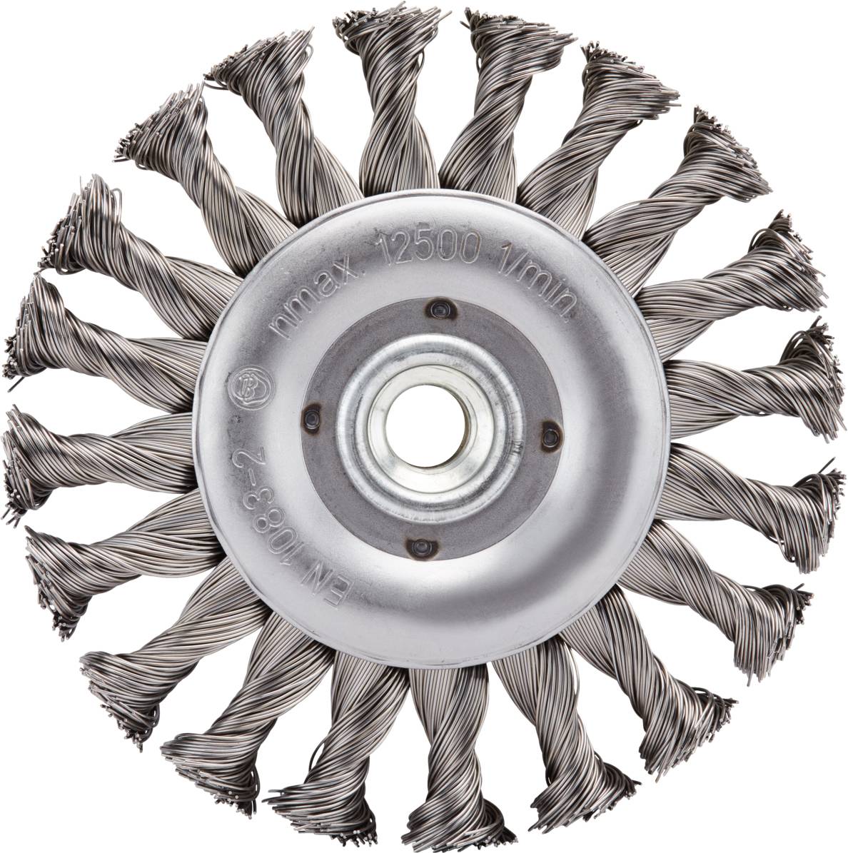 Drahtbürstenaufsatz in kreisförmiger Anordnung mit gedrehten Metalldrahtsträngen, geeignet für Schleif- und Reinigungsarbeiten.