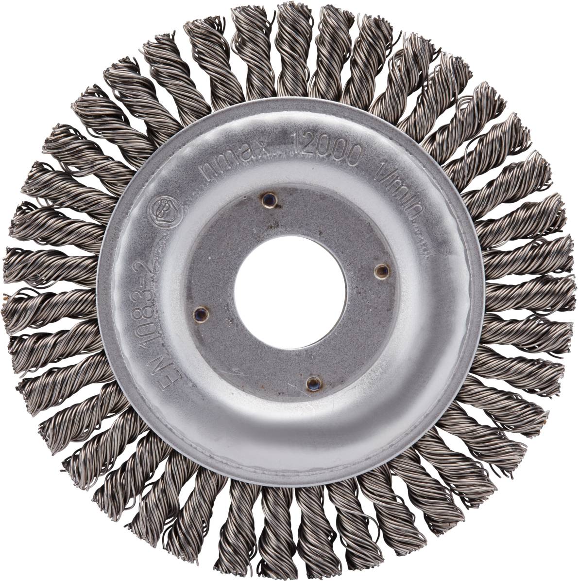 Eine runde Drahtbürste mit verdrillten Metalldrähten, verwendet zum Reinigen oder Entrosten von Oberflächen.