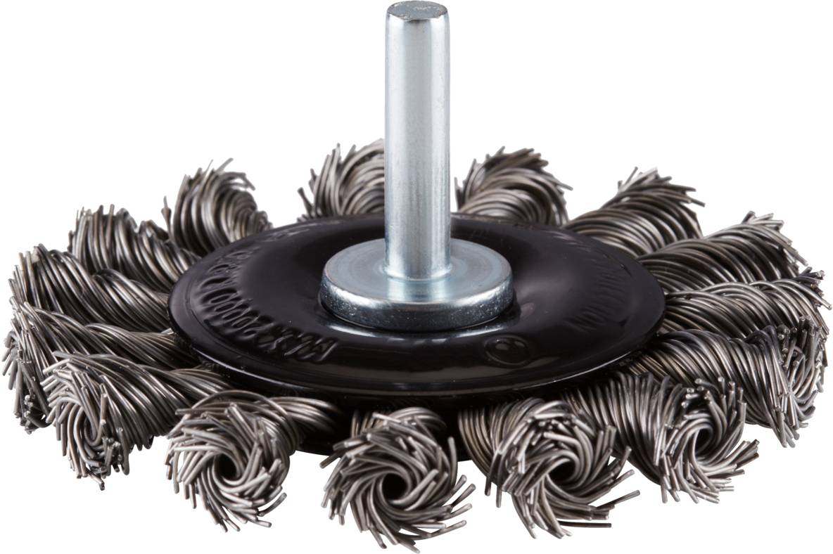 Eine Drahtbürstenscheibe aus dicht gewundenen Stahlborsten, geeignet für Bohrmaschinen, zum Reinigen von Metalloberflächen.