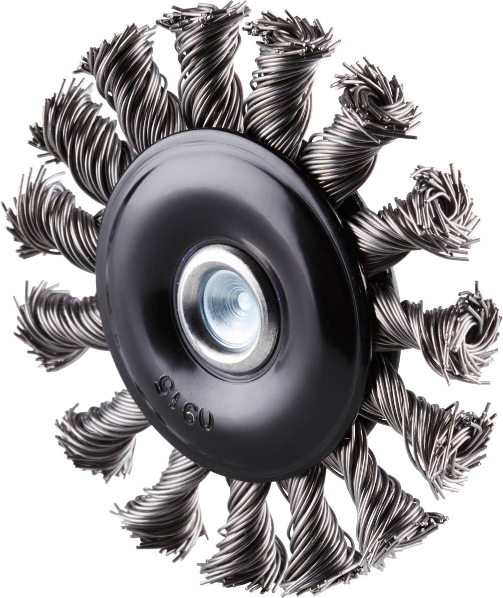 Eine runde Drahtbürste mit spiralförmig verdrehten Borsten, geeignet für das Entfernen von Rost oder Farbe auf metallischen Oberflächen.
