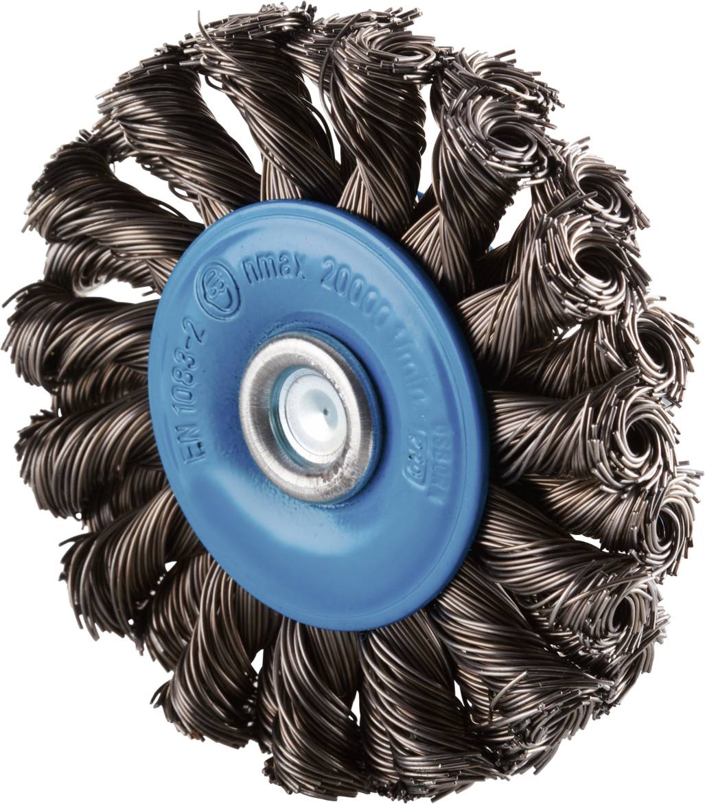 Runde Drahtbürste mit blauen Mittelteil und gewellten Drahtborsten. Geeignet für Reinigungs- und Schleifarbeiten auf Metall.