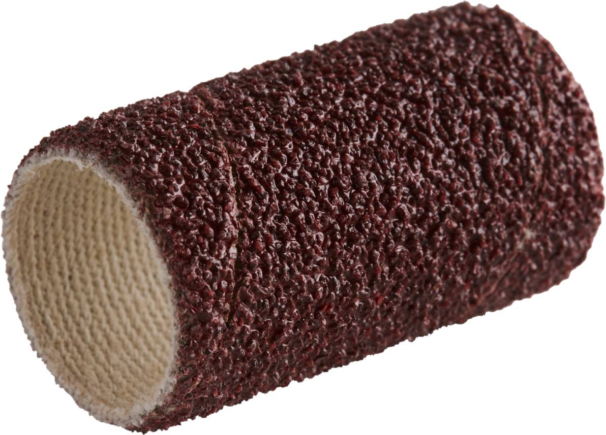 Ein zylindrisches rotes Schleifband mit grober Körnung, das zur Verwendung mit einem Dremel-Werkzeug geeignet ist.