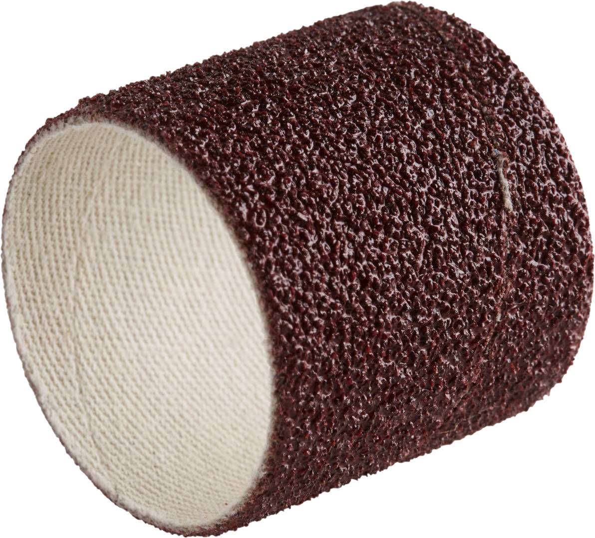 Ein rotbrauner Schleifbandzylinder aus grobem Schleifpapier zur Verwendung mit einem Dremel-Werkzeug.