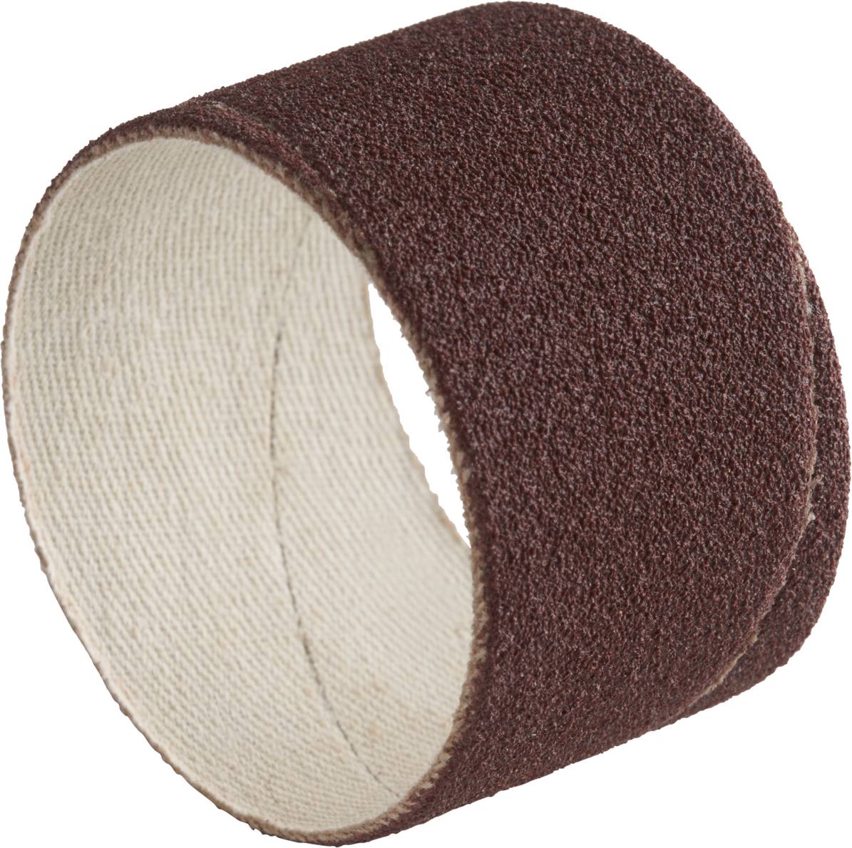 Schleifbandrolle aus braunem Schleifpapier, zylindrische Form, für Schleifarbeiten auf Holz oder Metalloberflächen.