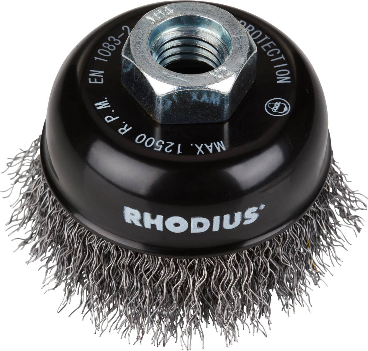 Ein runder Drahtbürstenaufsatz mit Metallborsten und einer zentralen Schrauböffnung. Die Aufschrift lautet 'RHODIUS'.