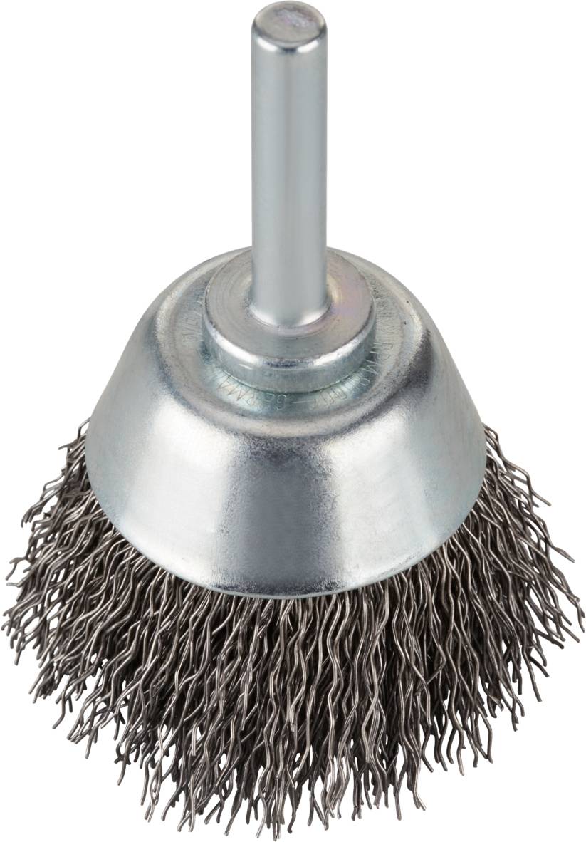 Stahlbürstenaufsatz mit Drahtborsten und Metallgehäuse, verwendet für das Entrosten oder Reinigen von Oberflächen.