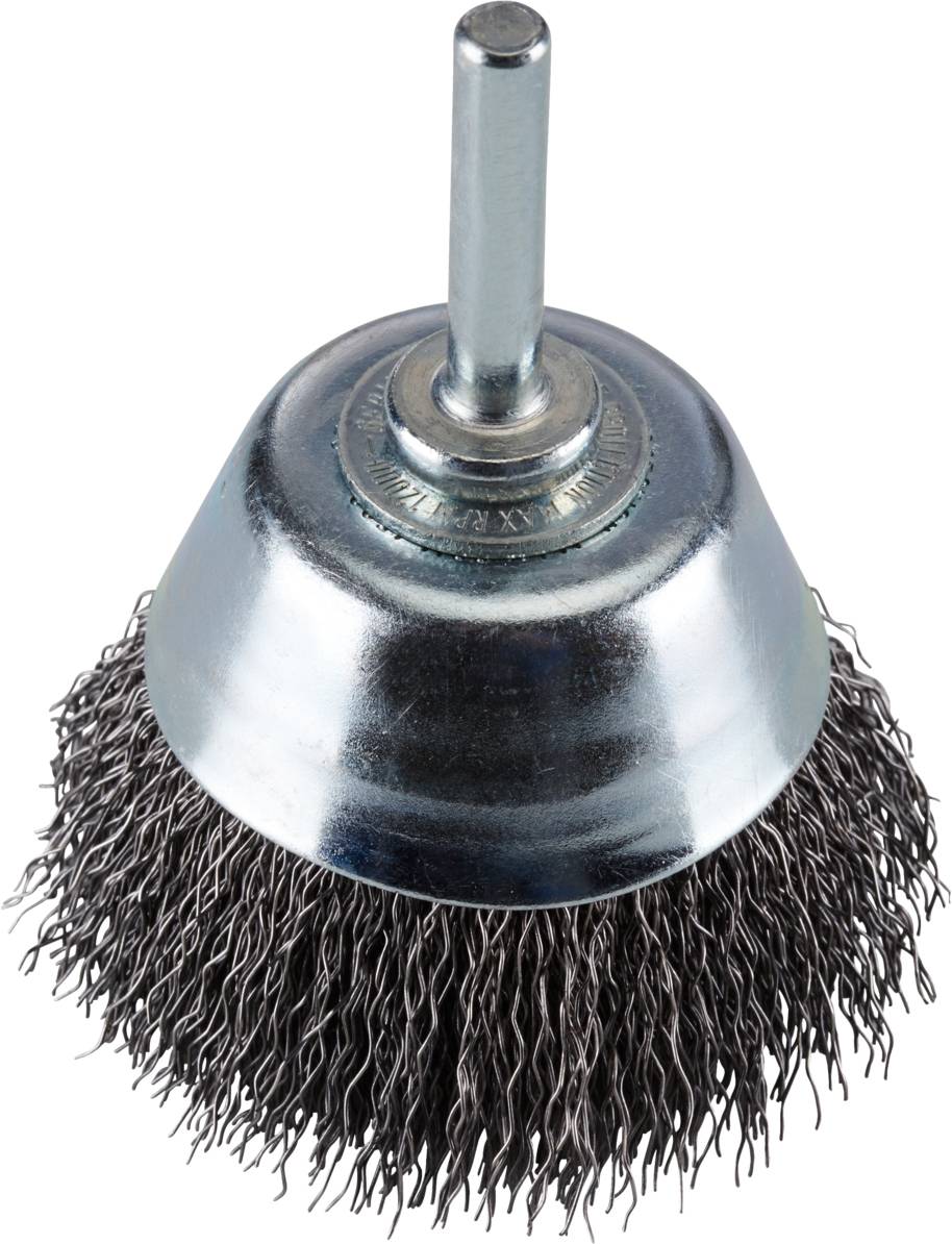 Eine runde Drahtbürste mit Metallgehäuse und Borsten zum Reinigen oder Entrosten von Oberflächen.